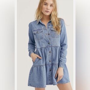 Free People Nicole Denim Jean Tiered Babydoll Shirt Dress Small